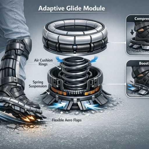 Conceptillustratie van een schoen met een verende Adaptive Glide Module, luchtringen en beweegbare flappen